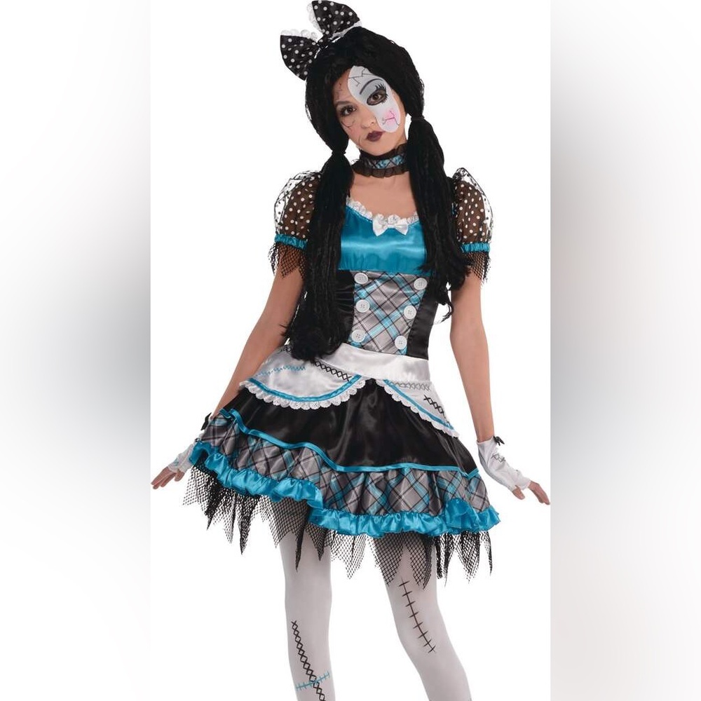 Women’s Shattered Doll Blue & Black Plaid Dress, Tattered Sleeves & Hem, Large